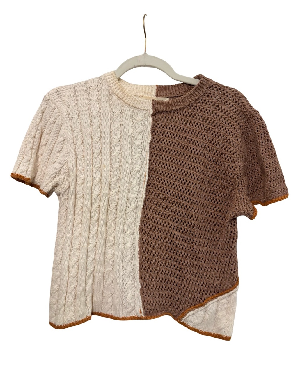 Gilded Intent Two-Tone Short-Sleeve Knit Top Cream & Brown Large